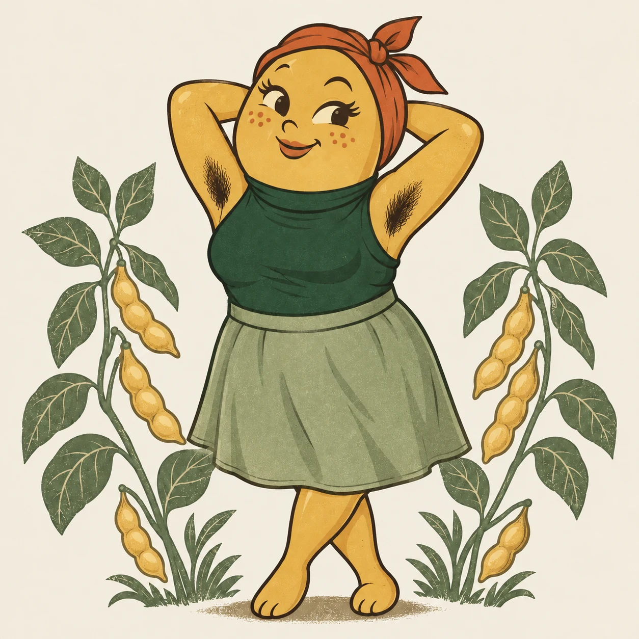 Beanie, our freckled soybean woman, wearing a red-orange headscarf and a forest-green top and sage skirt, with her arms up and natural underarm hair showing.