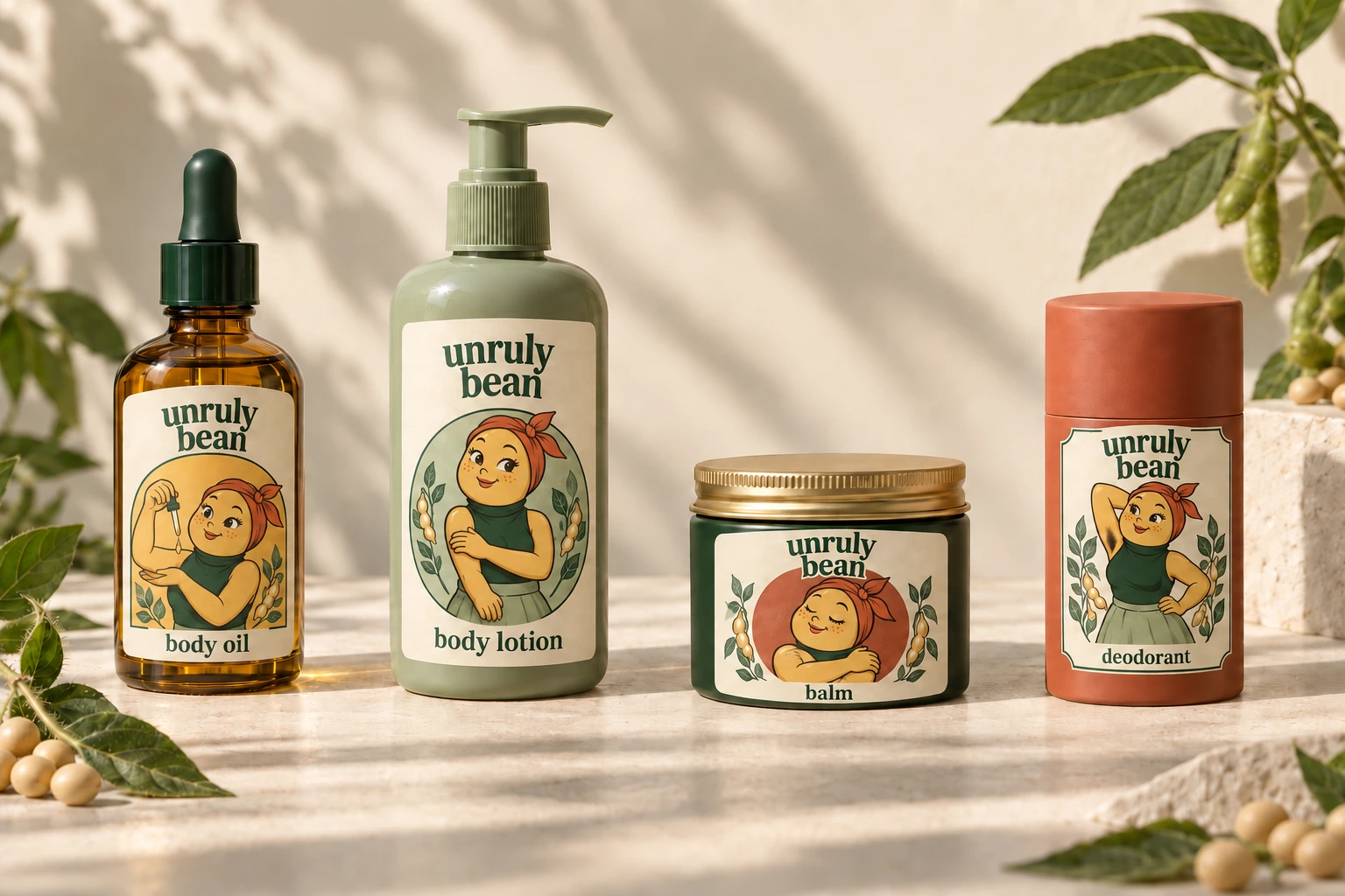 Four Unruly Bean packaging concepts, each featuring our mascot in a unique pose: holding a dropper on body oil, rubbing her arm on body lotion, hugging herself on balm, and raising one hairy underarm on deodorant.