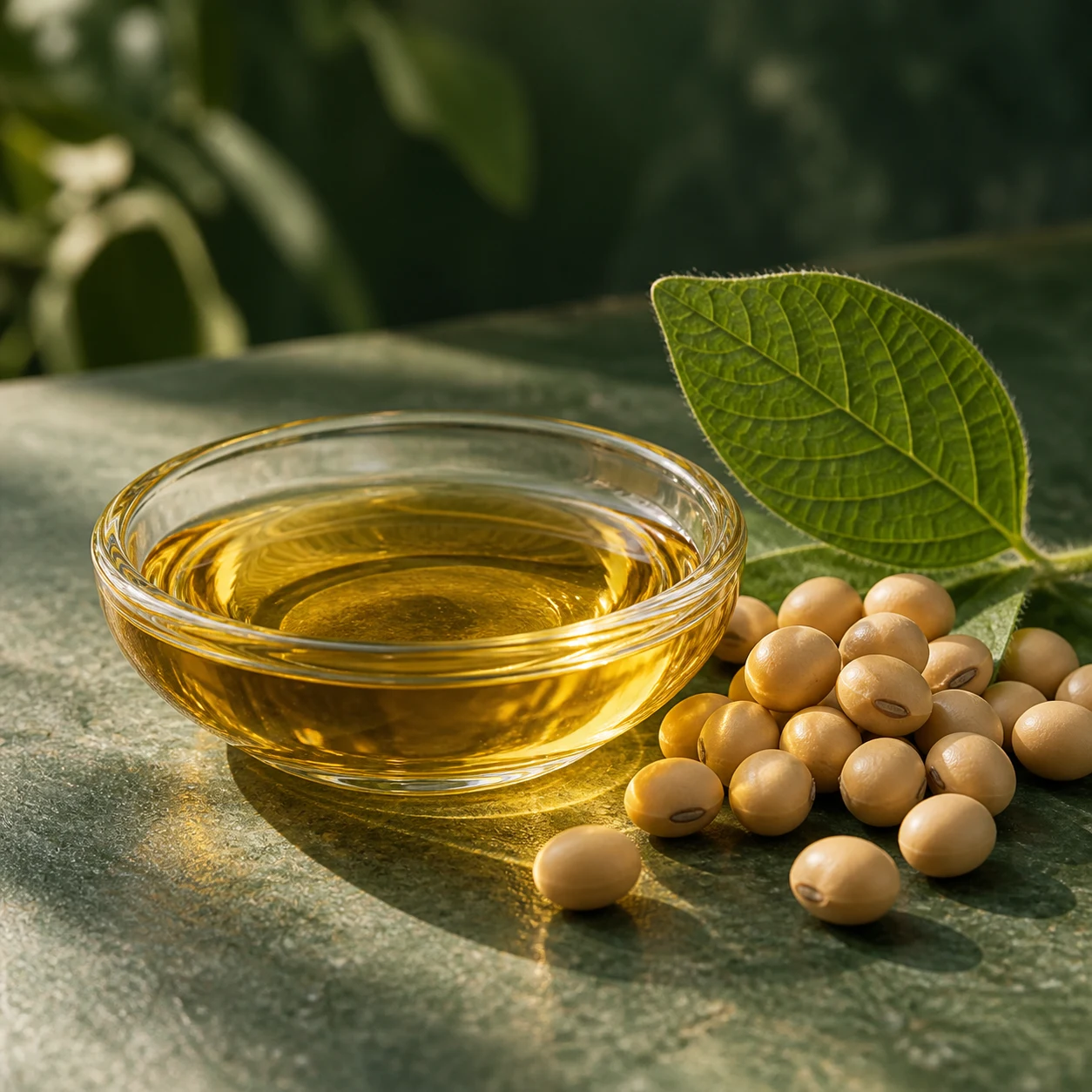 Golden soybean oil in a glass dish alongside whole soybeans and a green leaf.